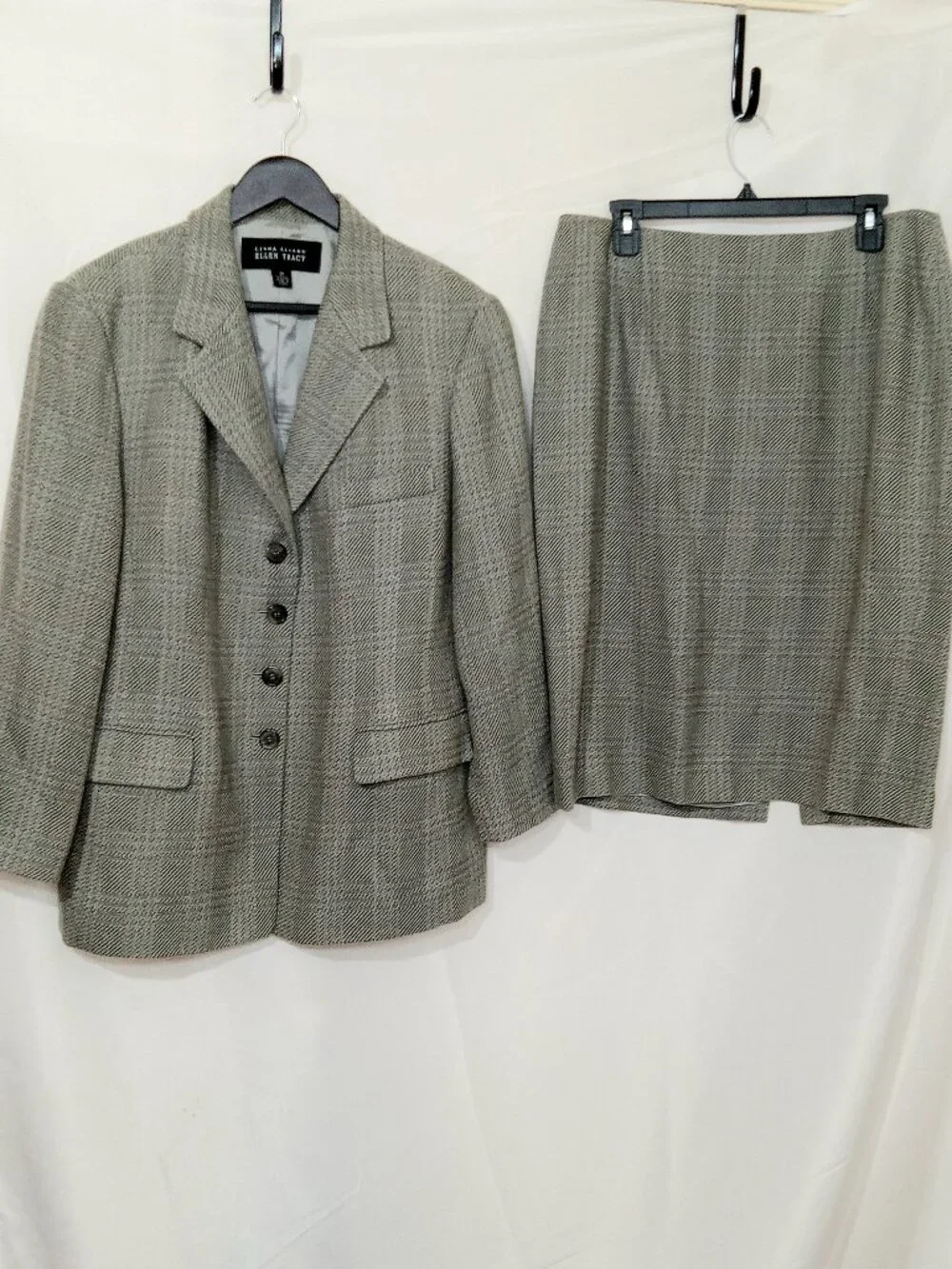 Vintage Linda Allard Ellen Tracy Wool Tweed Skirt Suit Set Womens 14 Gray Career